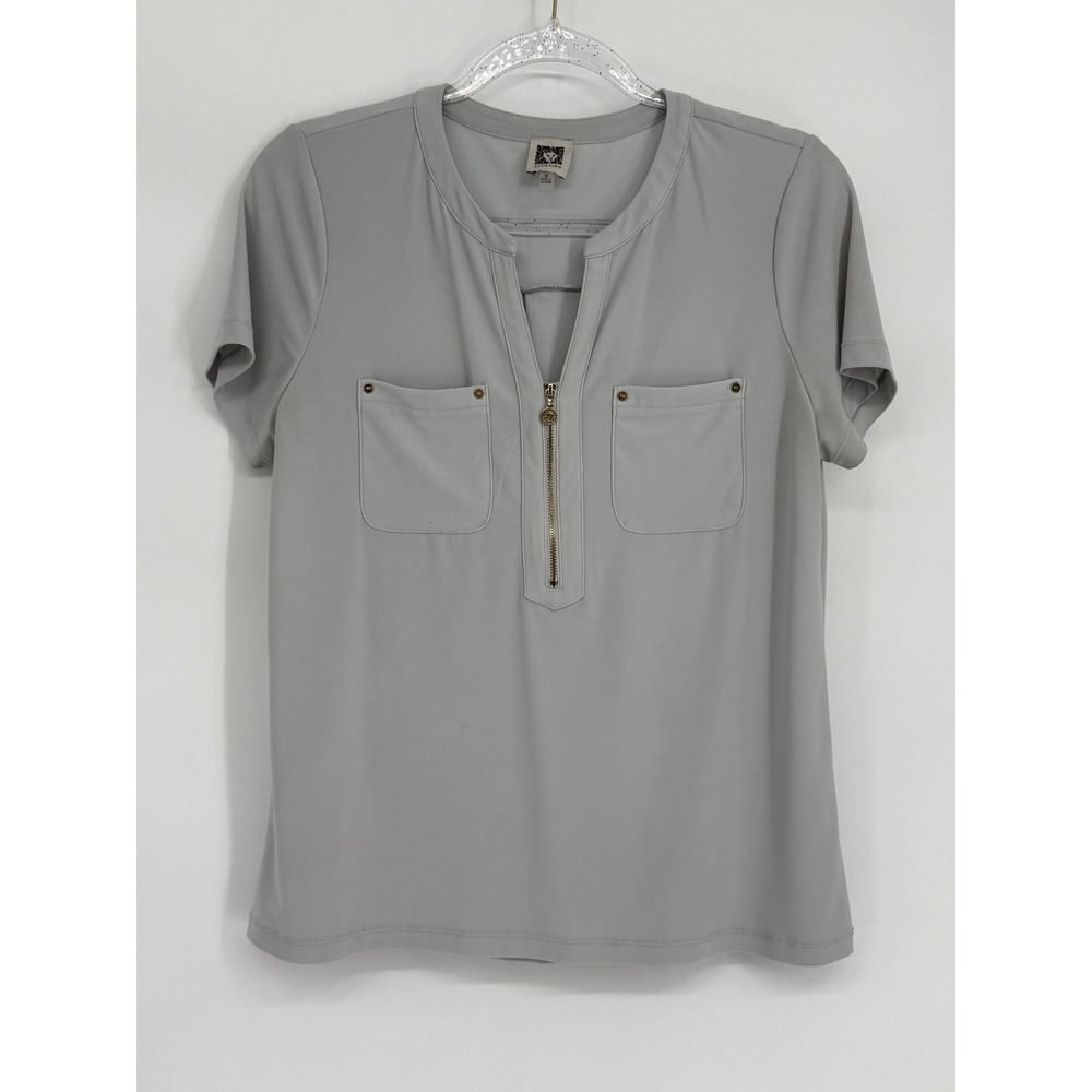 Anne Klein Womens Grey Short Sleeve Zip Front Utility Blouse Sz M